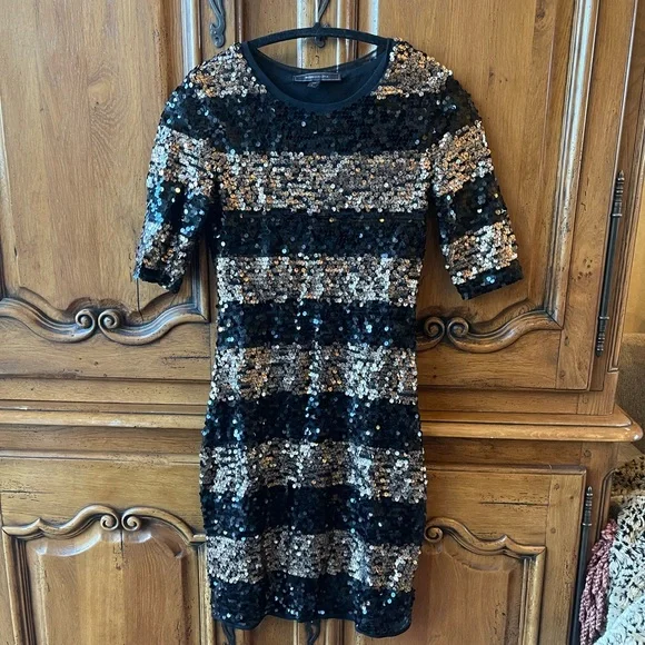 BCBGMaxAzria Dresses Bcbg Black And Gold Sequin Knee Length